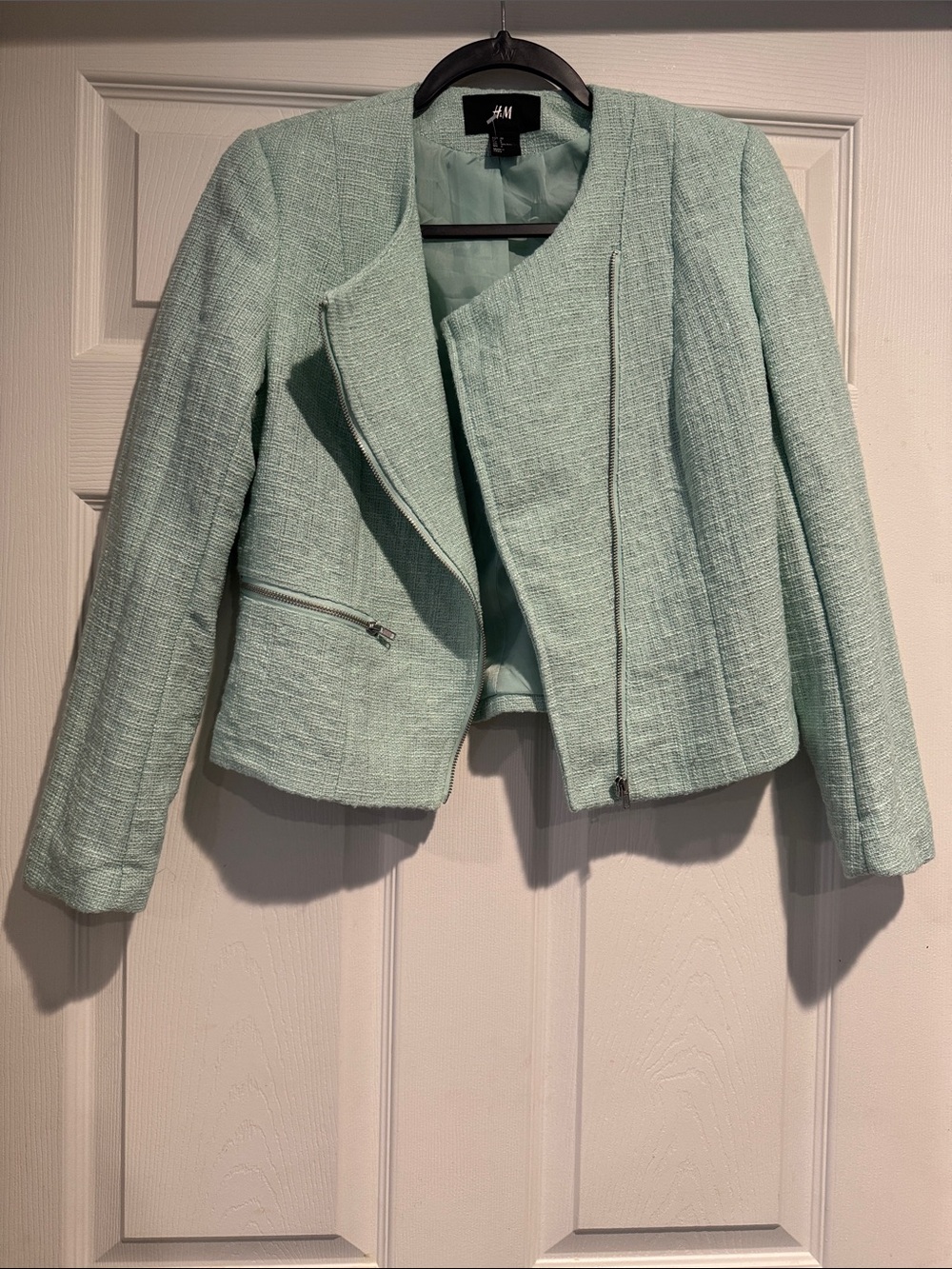 H&M Mint Green Tweed Zip-Front Cropped Blazer